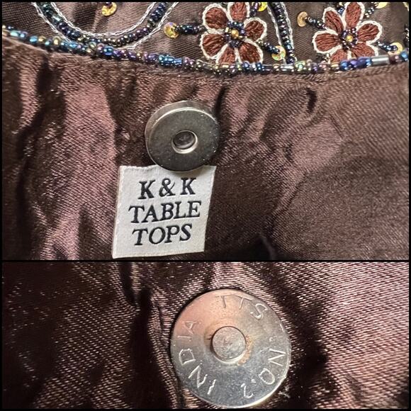K&K VTG Table Tops Chocolate Brown Satin Floral Embroidered Sequin Shoulder Bag - Picture 10 of 13